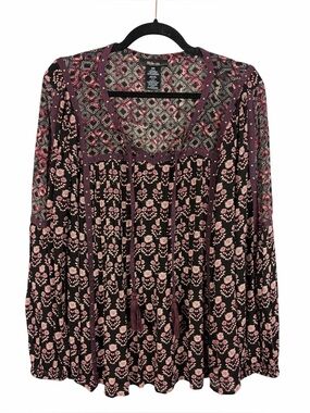 Style & Co Boho Floral Peasant Blouse Tassel Tie Long Sleeve Top Burgundy Black